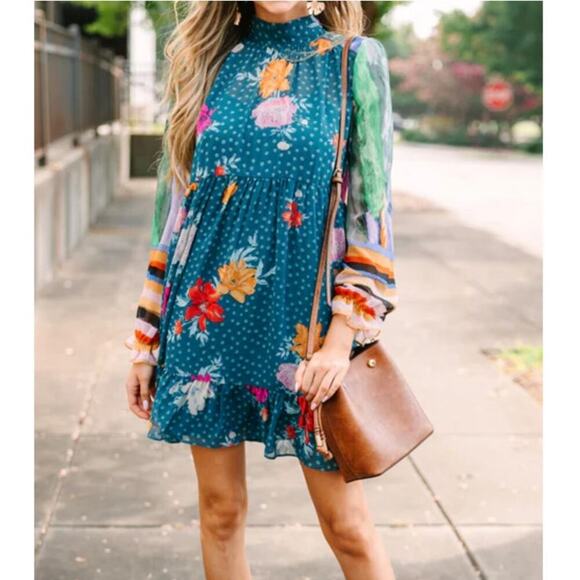 Fate Dress Women M Mixed Print Slip Lined Problem Solved Teal Blue Floral Dress - Picture 6 of 6